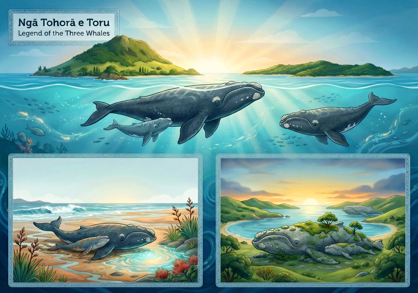 Ngā Tohorā e Toru — Legend of the Three Whales- Single or Tray A4 Puzzle
